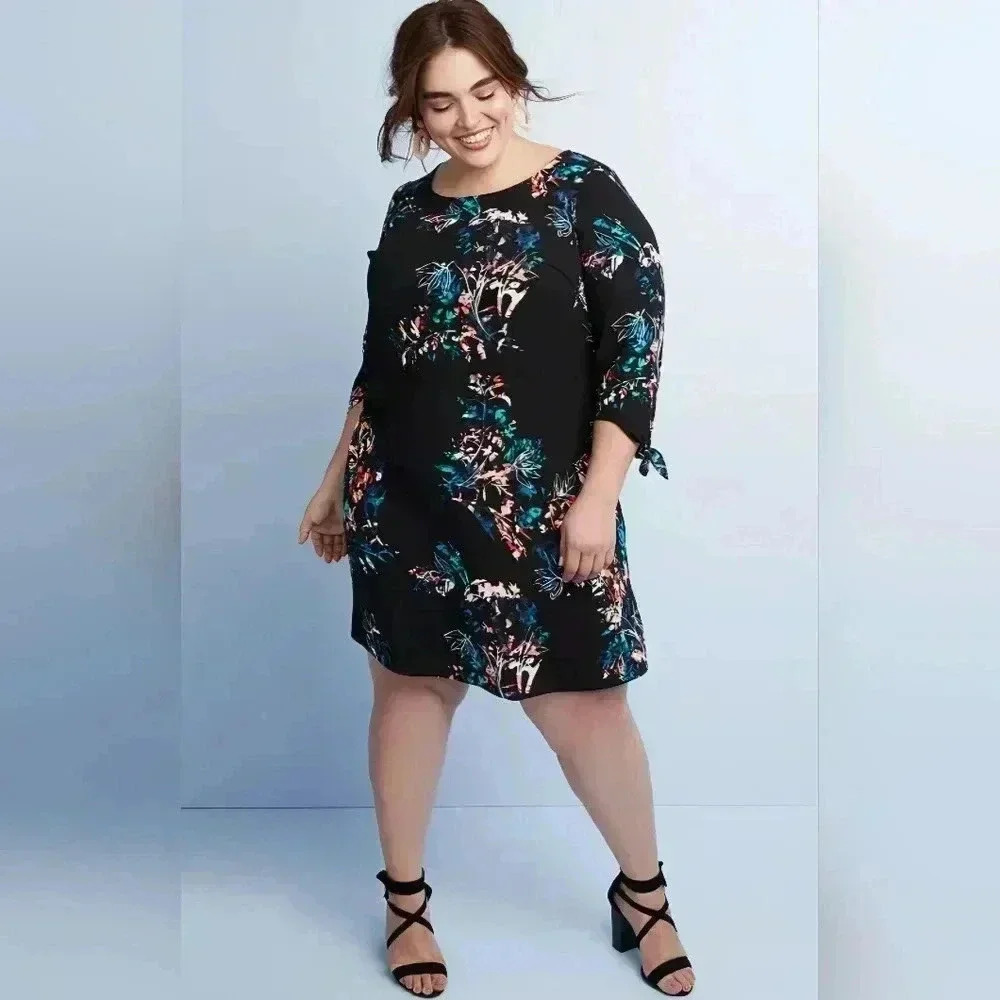 EVRI Floral Print Knotted Sleeve Shift Dress Plus (2X)